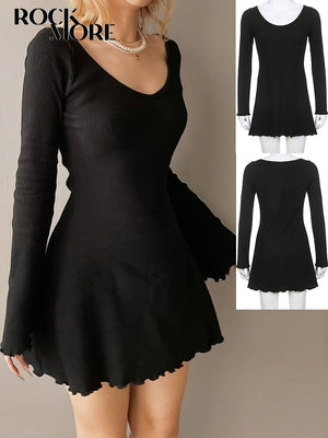 Women's High Quality Knit Backless Mini Dress for Elegant Long Sleeve Short Dress