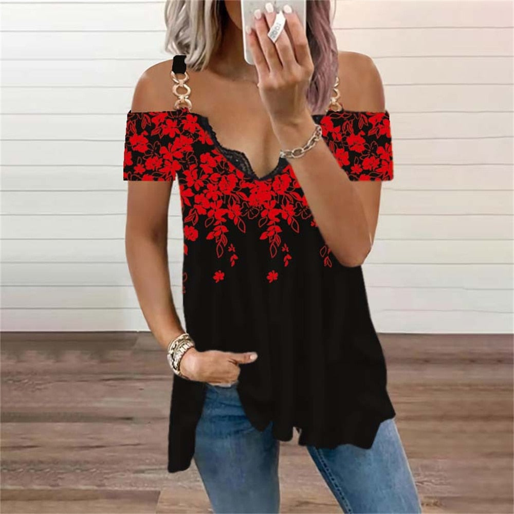 Women 's Floral Print Casual Summer T Shirt Short Sleeve Off-Shoulder Lace V-Neck Tops