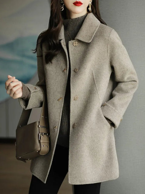 Wool Coat Women Slim Square Collar Single Breasted Elegant Office Winter Casual Outerwear Fashion
