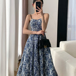 New Fashion Elegant Floral Print Midi Dress Spaghetti Strap Slim A-Line Maxi Chic Dress