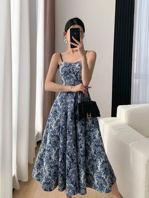 Midi Dress Women Elegant Floral Print Spaghetti Strap Slim A-Line Chic Casual Party Dress