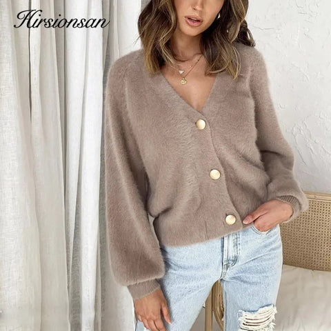 Mohair Cardigan Women Long Sleeve Single Breasted Short Soft Flexible Knit Elegant Winter Fashion
