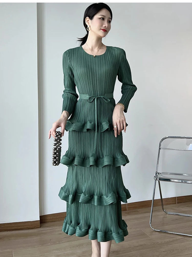 Long Pleated 4-Layer Dress for Women Round Neck Solid Color Ruffles Cake Belt Elegant Cocktail Dress Wedding