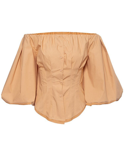 Off Shoulder Puff Long Sleeve Shirt Women Button Casual Elegant Spring Summer Fashion Top