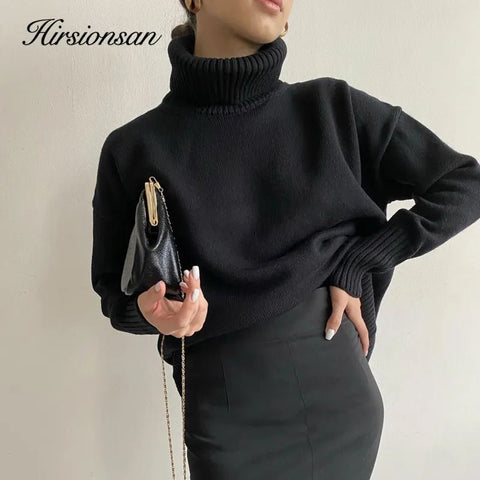 Turtleneck Sweater Women Elegant Thick Warm Knitted Pullover Loose Fit Cozy Winter Fashion Top