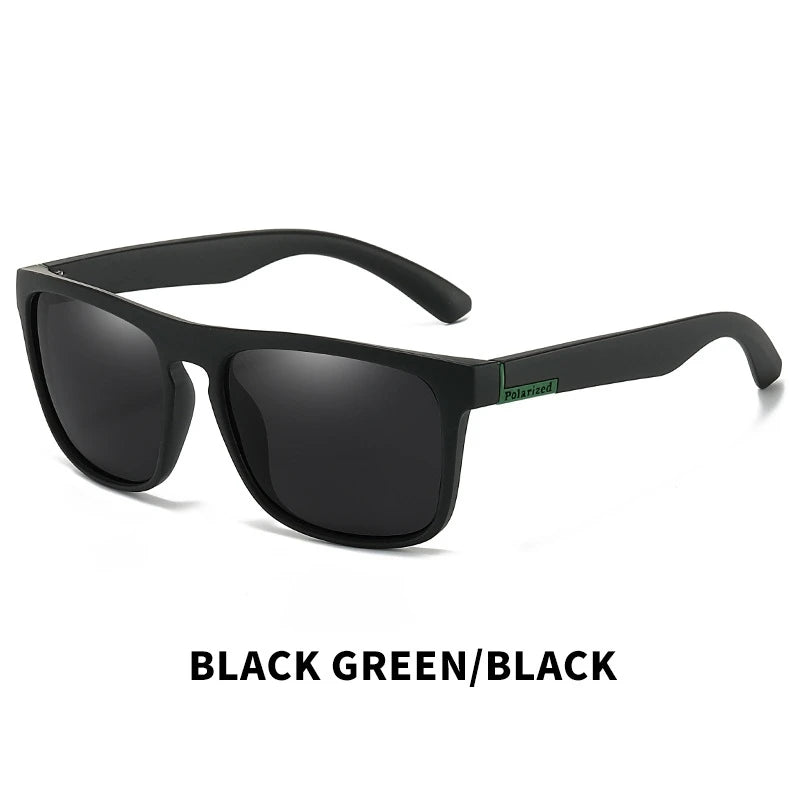 Black sunglasses with green logo on a white background