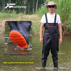 Person wearing black rain boots with a close-up inset, standing in water with 'Feishiying' branding.