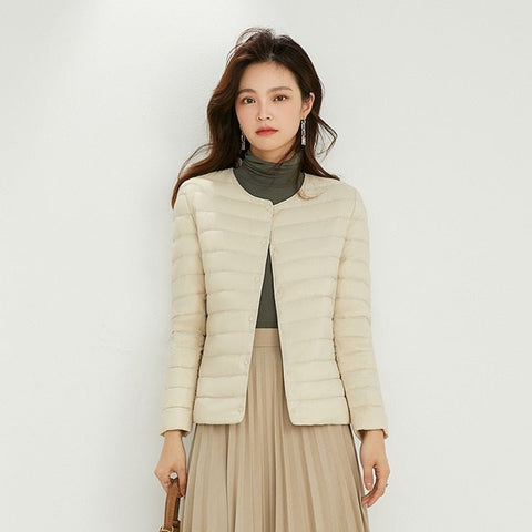 Down Puffer Jacket Women Ultra Light 90% Duck Collarless O-Neck Warm Winter Outerwear Fashion