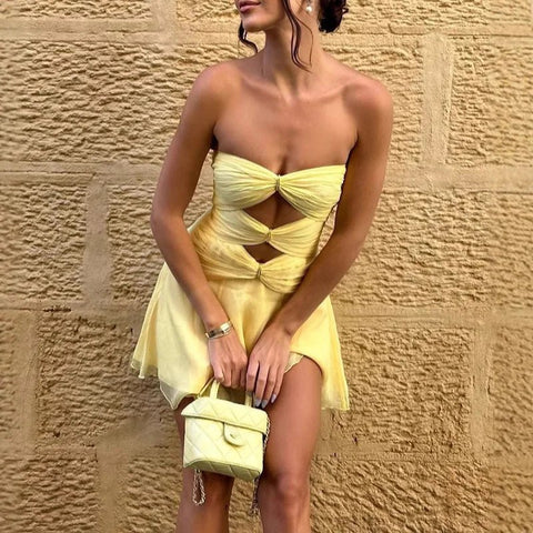 Strapless Mini Dress Women Pleated Hollow Back Elegant Party Club Casual Fashion Dress
