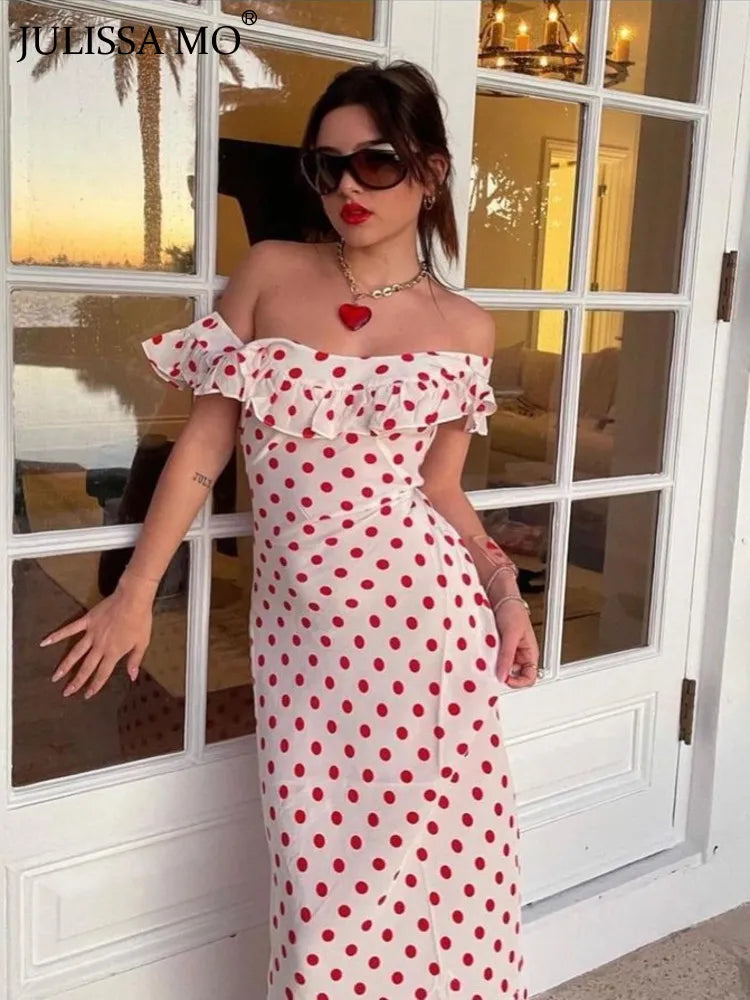 Polka Dot Ruffle Bandage Maxi Dress Off Shoulder Slim Elegant Party Dress Summer Holiday Sundress