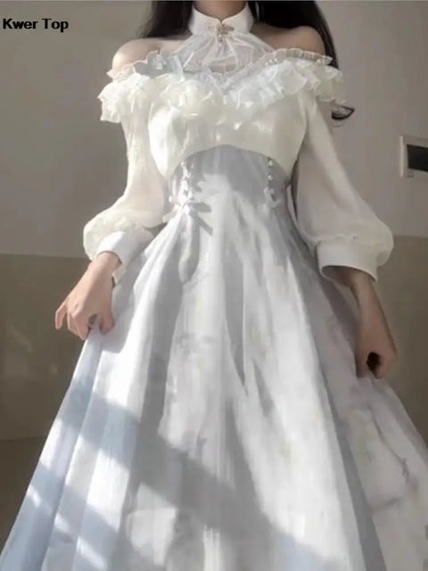 Midi Dress Women French Elegant Vintage Floral Print Slim A-Line Party Dress