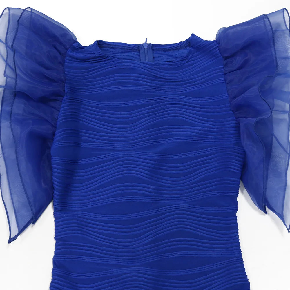 Elegant Hot Striped Bodycon Midi Dress with Sheer Ruffle Sleeves
