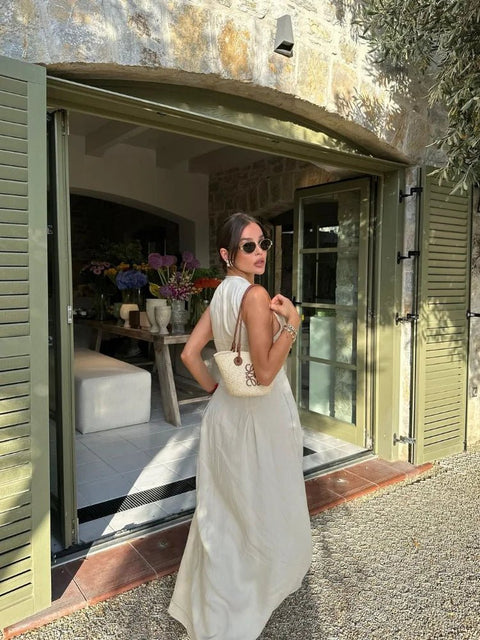 Maxi Dress Women High Waist Sleeveless Elegant O-Neck A-Line Casual Office Party Dress