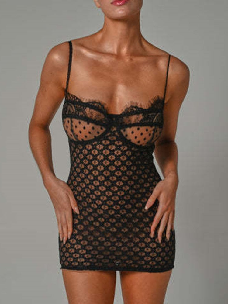 Elegant Spaghetti Strap Sheer Maxi Dress For Women Sleeveless Backless Lace Club Party Dress