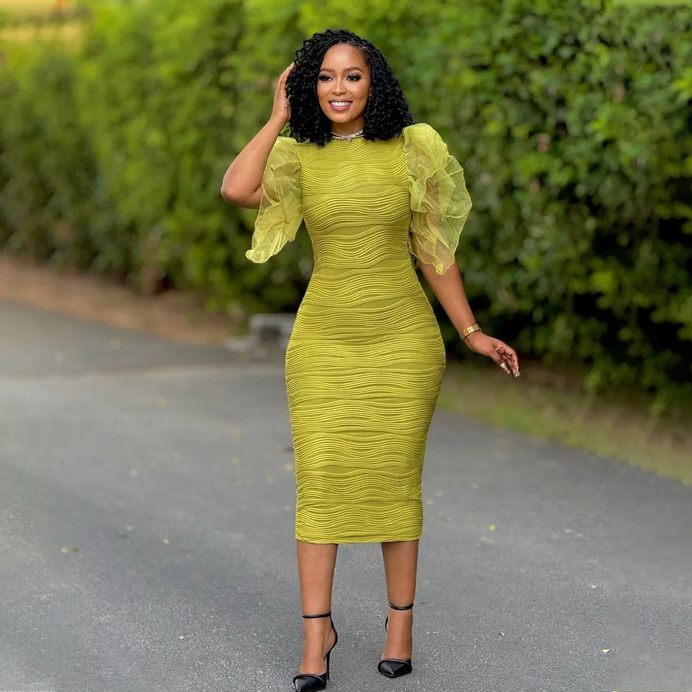 Elegant Hot Striped Bodycon Midi Dress with Sheer Ruffle Sleeves