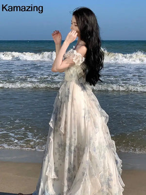 New Fashion Bohemian Print Long Maxi Dress French Design Elegant Ruffles Strap Beach Holiday Party A-Line Dress