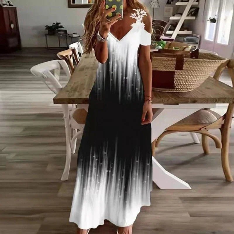Woman wearing a gradient dress in a dining room setting