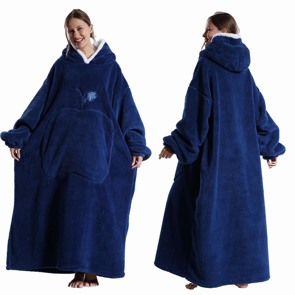 Person wearing a blue hoodie with a blanket attached, shown from front and back on a white background.