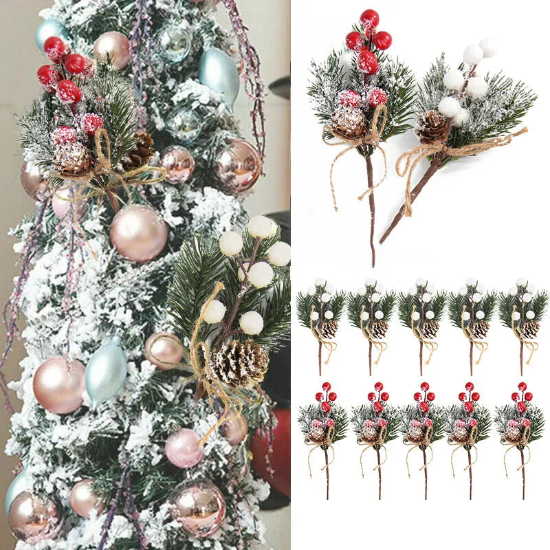 5Pcs Christmas Red Berry Artificial Flower Pine Cone Branch Christmas Tree Decorations Ornament Gift DIY Wreath Craft Supplies