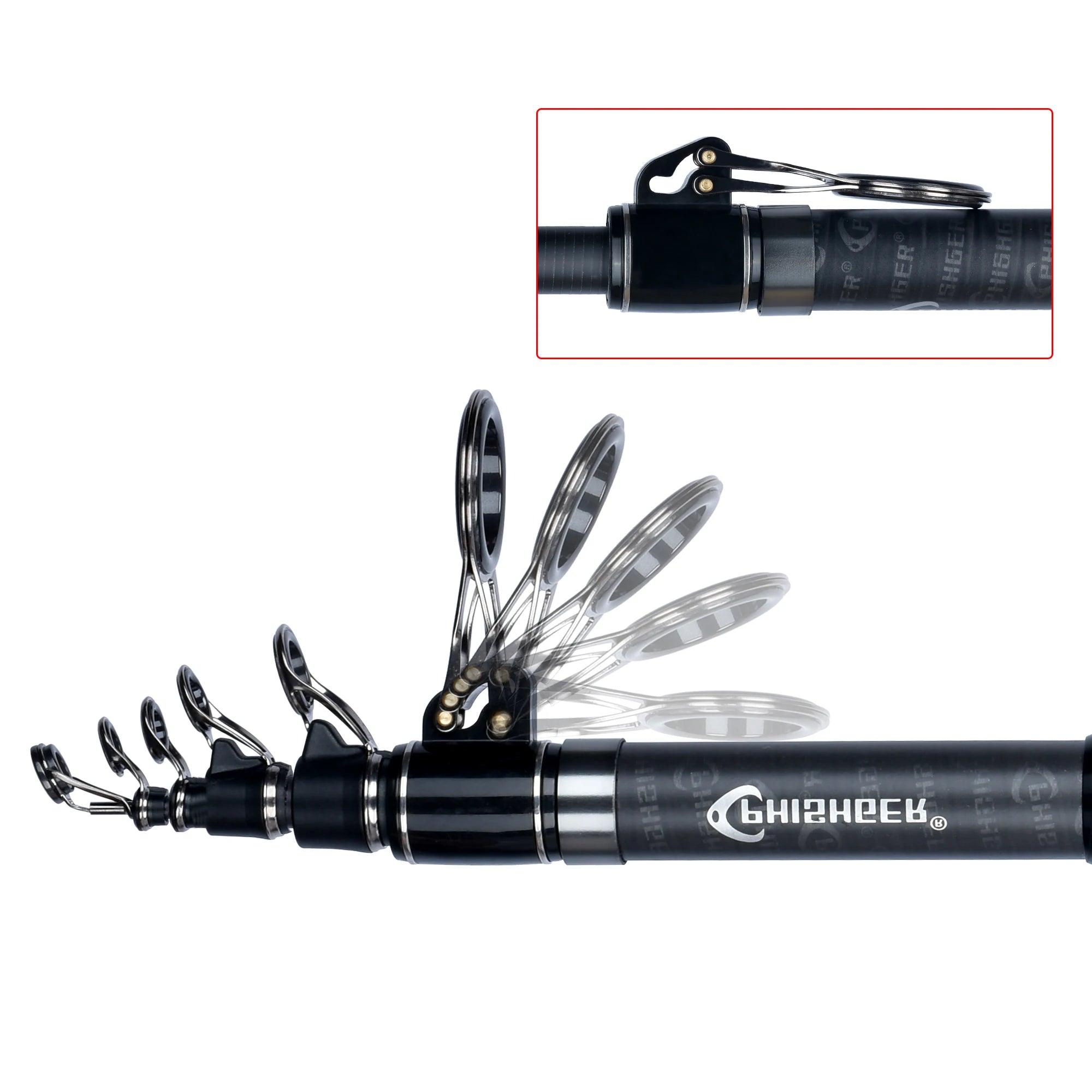 Fishing rod with multiple hooks and Gihheek branding on a white background