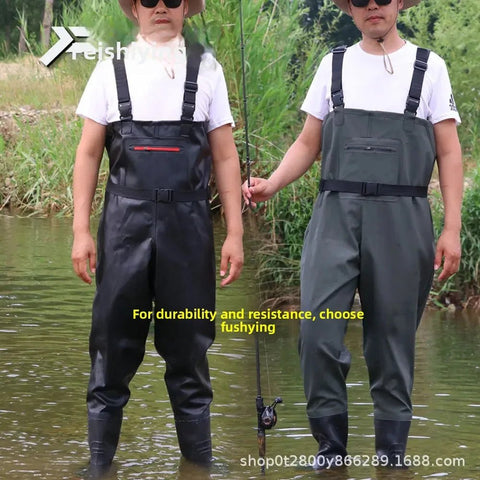 Two people wearing fishing waders standing in water with text about durability and resistance.