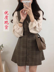 Cute Mini Sleeveless Vest Dress & Shirt Set for Women Retro Vintage Button Shirt & Plaid Dress