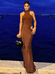 Elegant High-Neck Sleeveless Evening Gown with Draped Satin Skirt