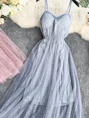 Women's Adjustable Spaghetti Straps Star Tulle Dress Vintage Corset Prom Dress Fishnet Mesh Party Dress