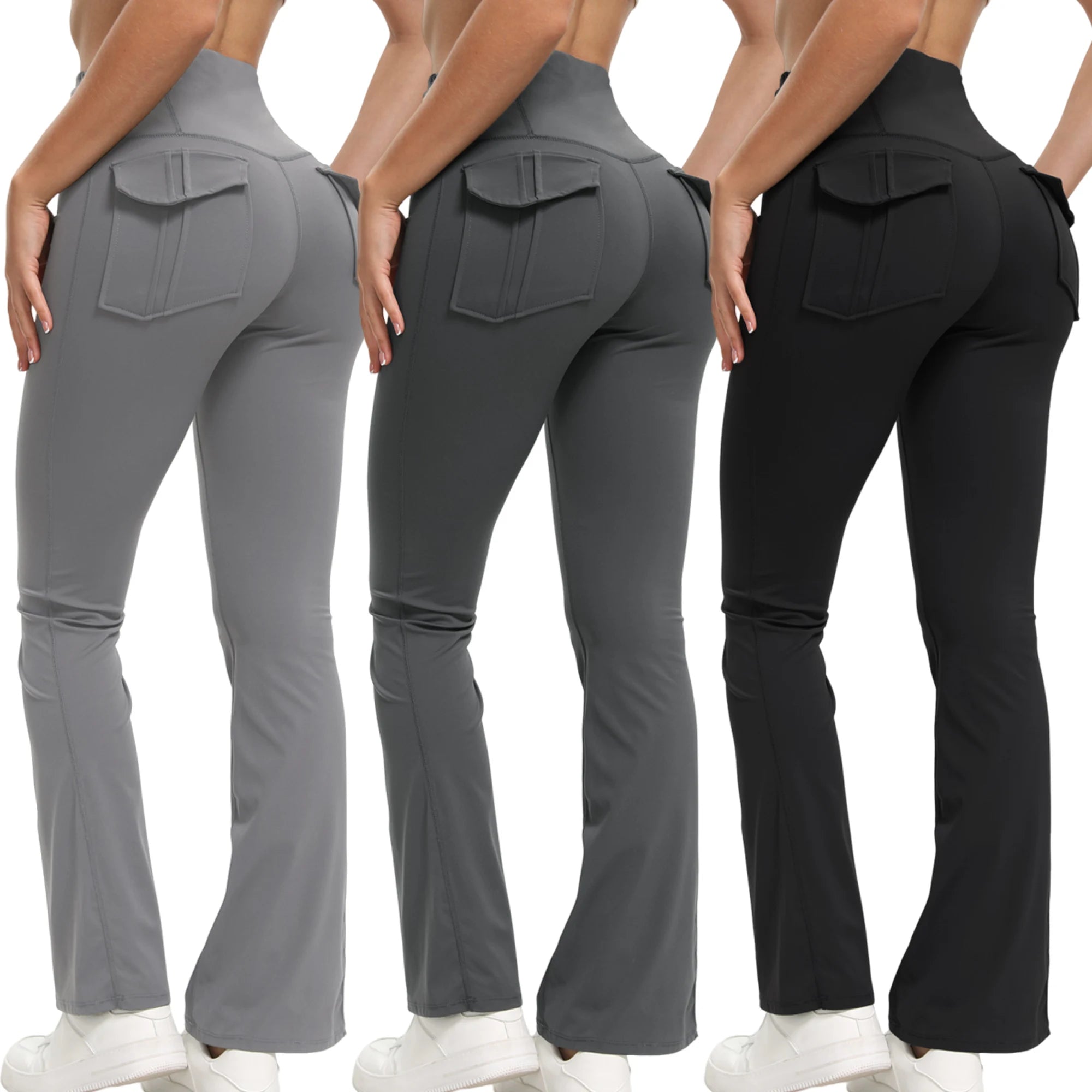 Three pairs of bell-bottom pants in gray, black, and white on a white background.