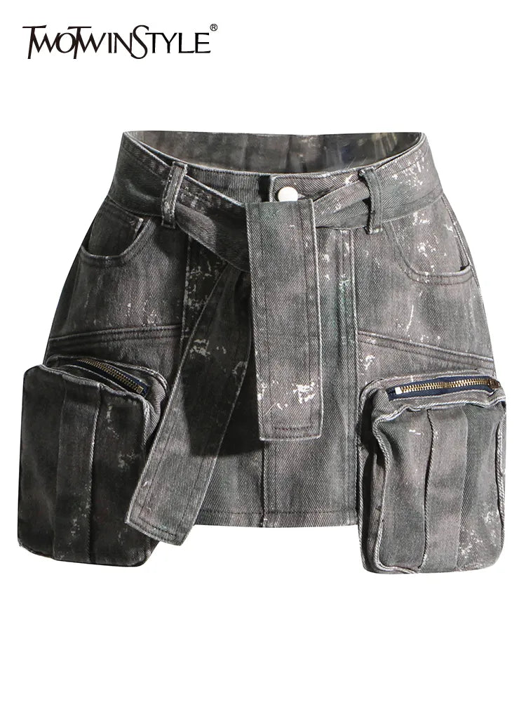 Short A Line Skirts For Women High Waist Short Length Mini Patchwork Lace Up Camouflage Denim Skirt