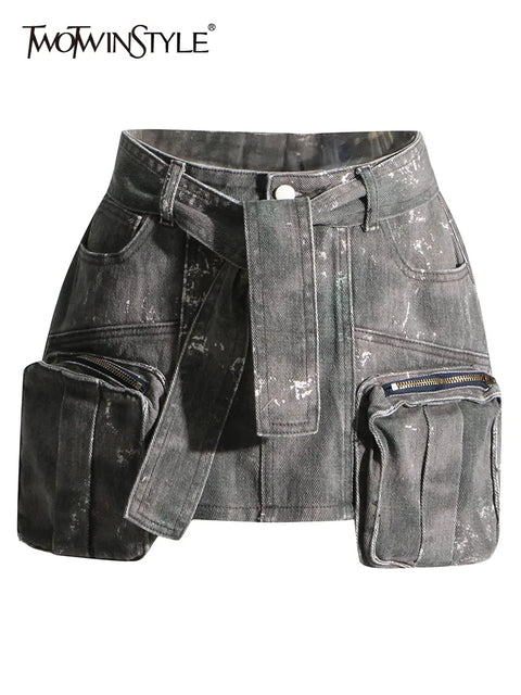 Mini Skirt Women High Waist A-Line Patchwork Lace-Up Camouflage Denim Short Casual Street Style