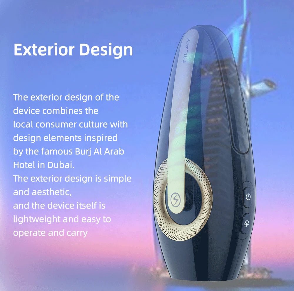 Device with Burj Al Arab Hotel in the background, text about exterior design