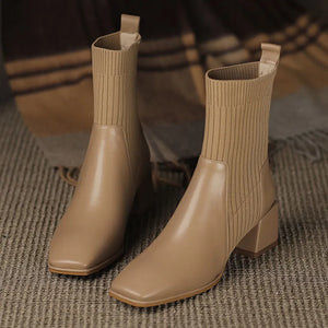 Ankle Boots for Women Fashion Knitted Fabric Upper Shaft Short Boots Women Slip On Square High Heel Boots