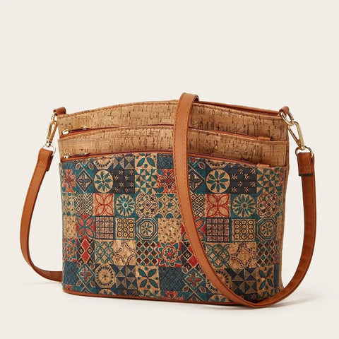Patterned handbag with cork accents on a beige background