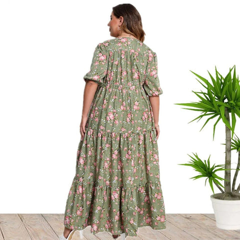 Plus Size Boho Maxi Dress Women Floral Print Loose Half Sleeve Split Hem Casual Summer Fashion