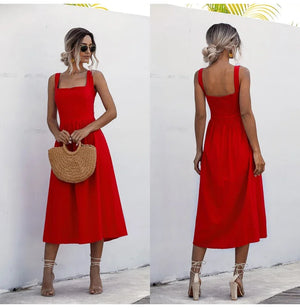 Long Backless Summer Dress Sexy Casual Ruched Midi Sundresses Pleated Spaghetti Straps