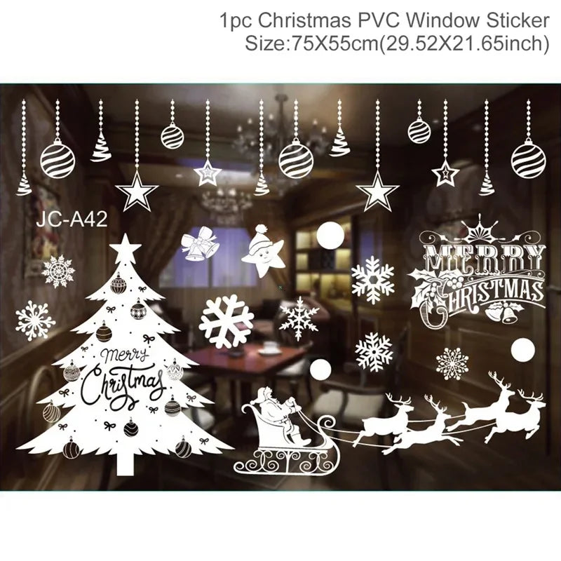 Christmas PVC window sticker set with tree, Santa, reindeer, and ornaments on a glass surface.