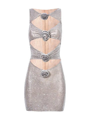 New Fashion Hollow Out Bodycon Dresses Sexy Sleeveless 3d Flower Sequin Chic Slim Nightclub Party Dress