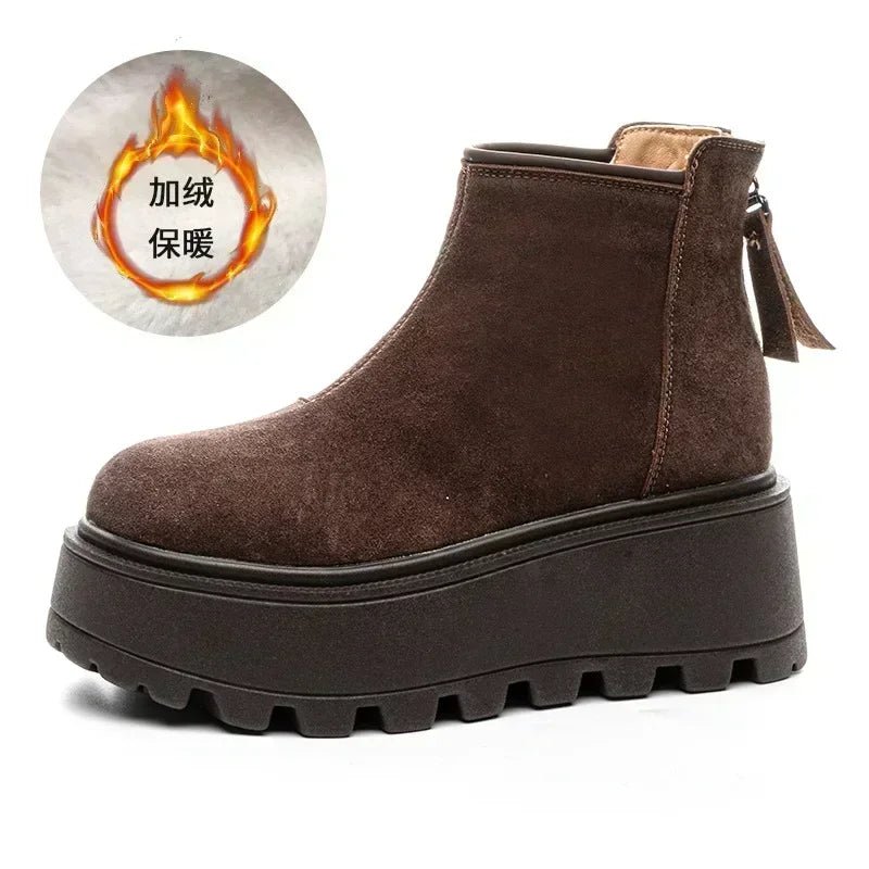 Brown platform boot with a fiery graphic and text on a white background