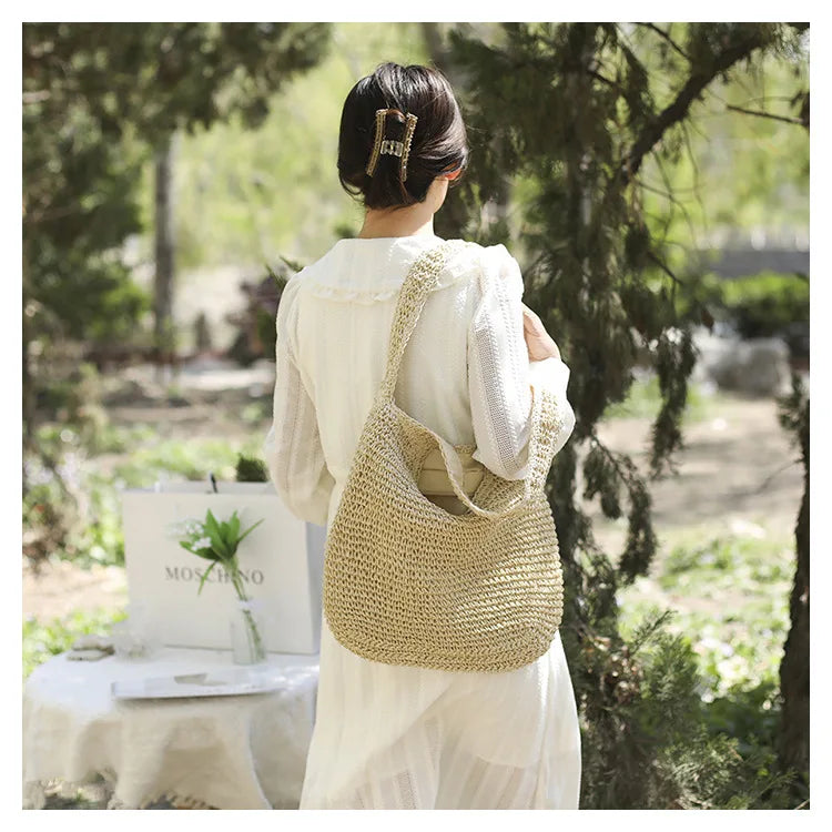 New Fashion Straw Tote Bag Woven Large Capacity Handbags Summer Beach Straw Bags Casual Tote Purses