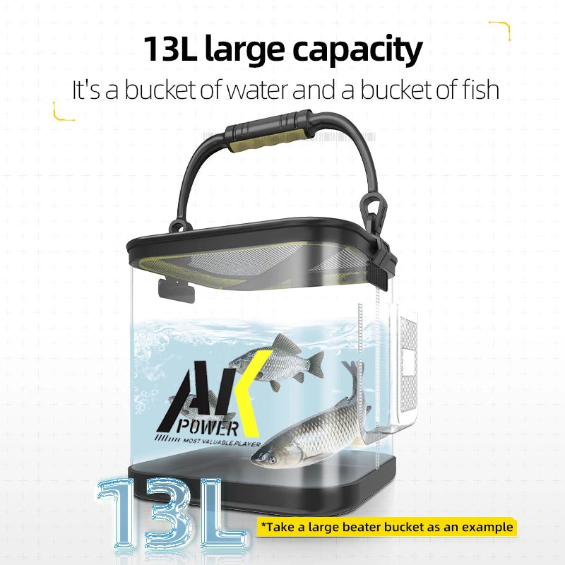 Portable fish tank with fish inside, labeled '13L large capacity' on a white background.