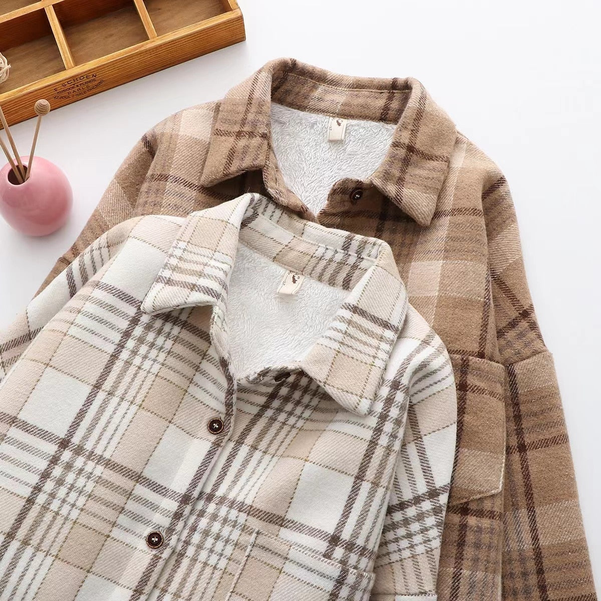 Women's Thick Velvet Plaid Shirt, Soft Warm Flannel Shirt, Vintage Warm Casual Fall Jacket