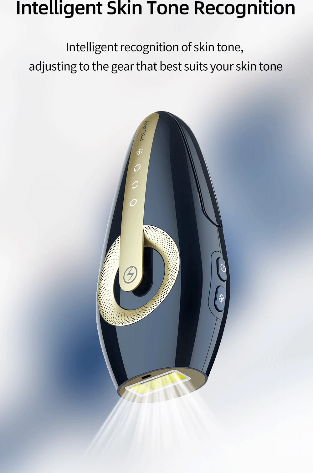Black and gold device with a light beam, labeled 'Intelligent Skin Tone Recognition'.