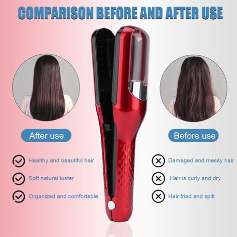 Hair straightener comparison before and after use on a pink background