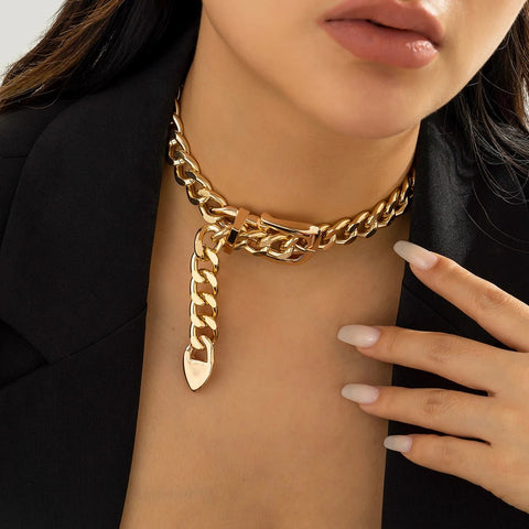 Choker Necklace Women Cuban Chunky Chain Punk Belt Buckle Vintage Heavy Metal Thick Short Fashion