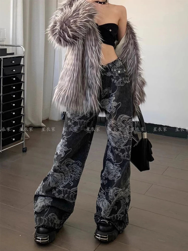 New Fashion Women's Gothic Dragon Print Jeans Baggy Vintage Aesthetic Pants Denim Trousers Y2k Jeans