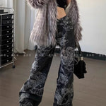 New Fashion Women's Gothic Dragon Print Jeans Baggy Vintage Aesthetic Pants Denim Trousers Y2k Jeans