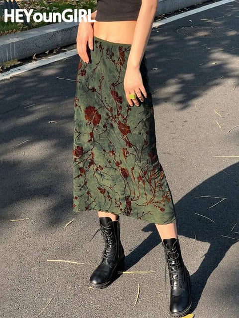 Floral Midi Skirt Women Y2K Vintage Green Grunge Print Casual Spring Summer Fashion Skirt