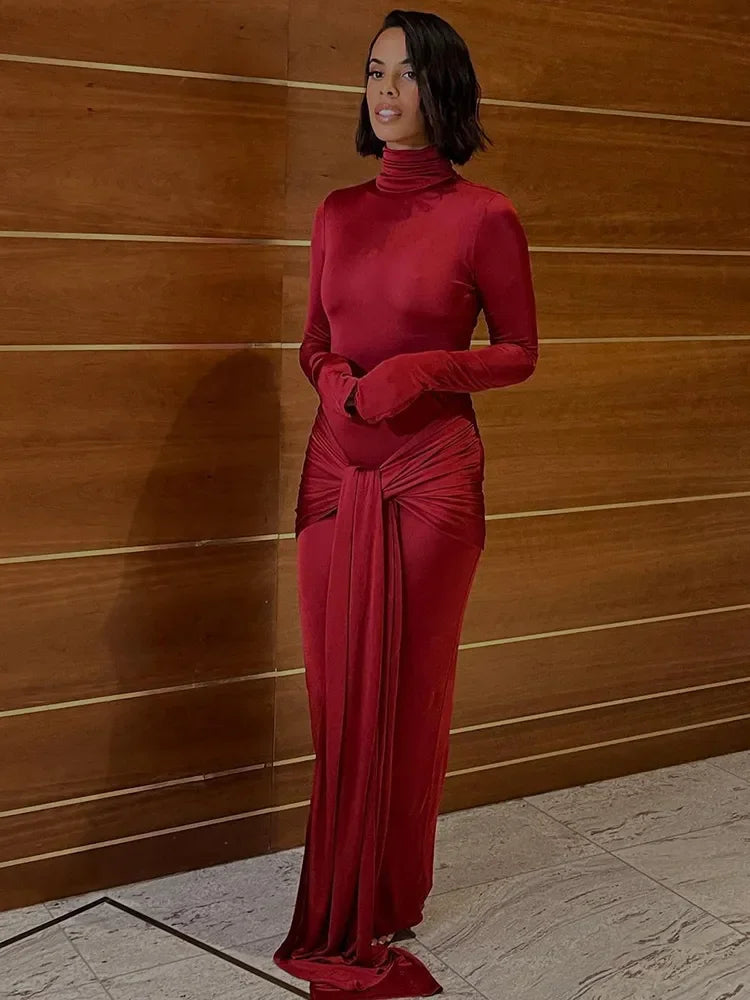 Elegant Long-Sleeve Knotted Bodycon Maxi Dress