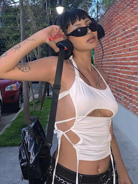 Crop Top Women Backless Hollow Out White Sleeveless Bandage Halter Casual Streetwear Clubwear Summer